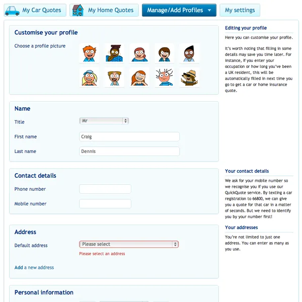 Manage your profile within the account area